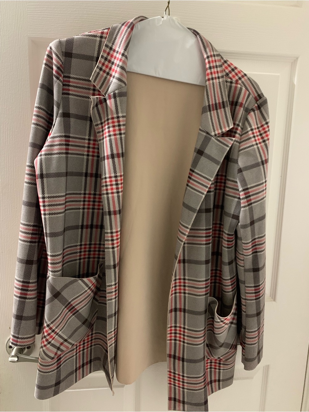 Solitaire Gray Plaid Blazer with Red Accents